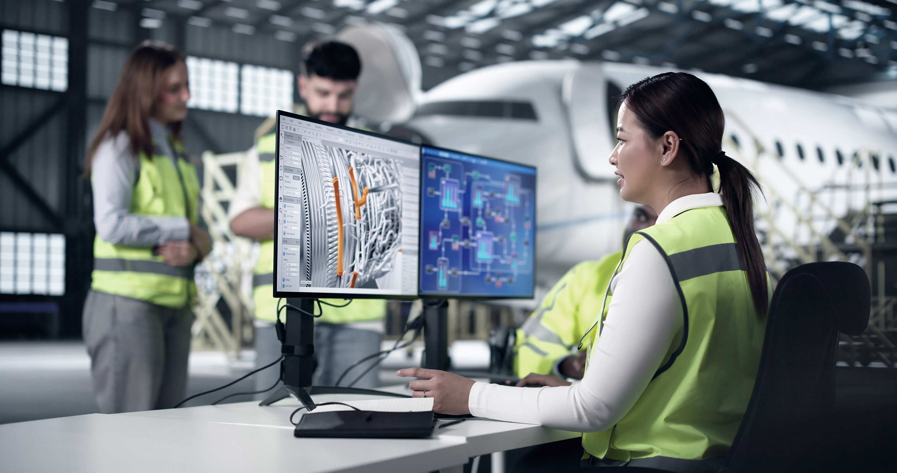 Engineering team analyzing aircraft system schematics on dual monitors inside an aircraft hangar.