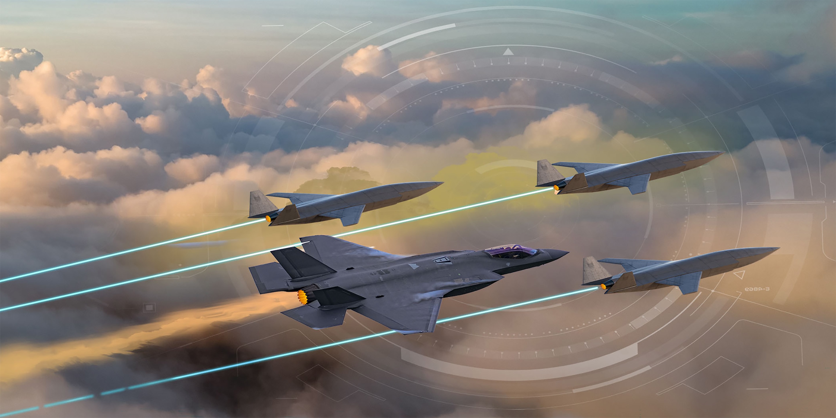 The image features an F-35 Lightning II fighter jet flying alongside autonomous Collaborative Combat Aircraft (CCA). 